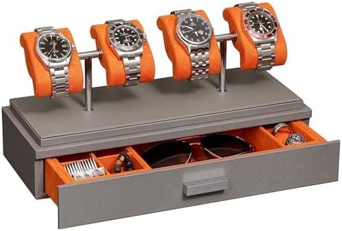 ROTHWELL Luxury Watch Display Case for 4 Watches – Leather Watch Box with Acrylic Cover and Removable Slide in Cushions