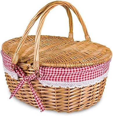 Wicker Picnic Basket with Lid and Handle Sturdy Woven Body with Washable Lining for Easter,Mother's Day,Outdoor Camping