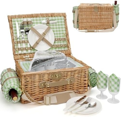 Wicker Picnic Basket with Lid and Handle Sturdy Woven Body with Washable Lining for Easter,Mother's Day,Outdoor Camping