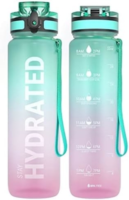 32oz Motivational Sports Water Bottle with Time Marker - Times to Drink - Tritan, BPA Free, Wide Mouth Leakproof,