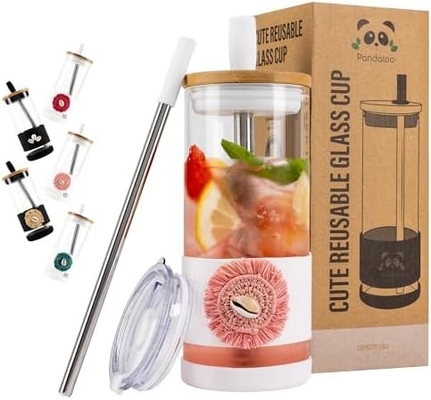 Glass Cups With Lids and Straws -20 Fl Oz- Perfect Size Iced Coffee Cup - Smoothie Cup With Bamboo