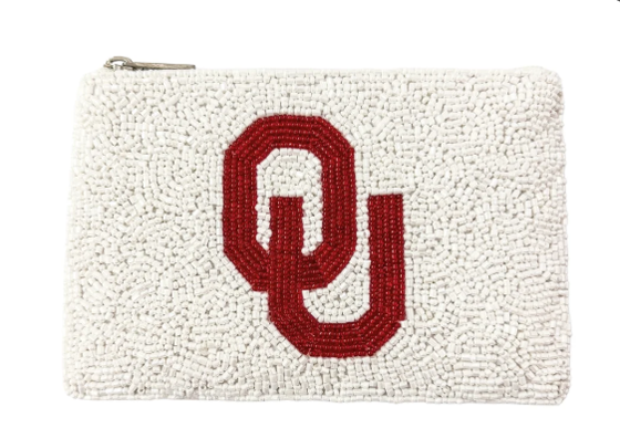 Double Sided Beaded Crimson OU Coin Bag Lightweight Secure Zip Closure Stadium Sized Approved Game Day Accessory