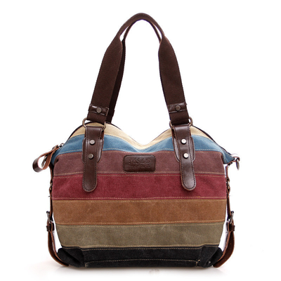TREND NEW RAINBOW STRIPED CANVAS BAG FASHION PATCHWORK WOMEN'S BAG WATER WASH CLOTH BAG
