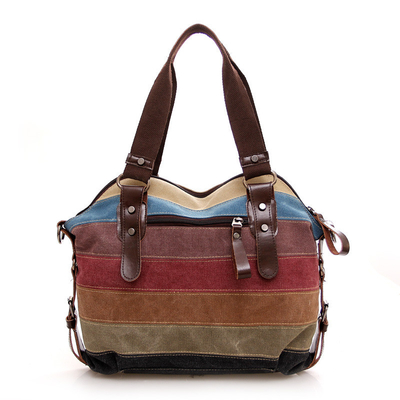TREND NEW RAINBOW STRIPED CANVAS BAG FASHION PATCHWORK WOMEN'S BAG WATER WASH CLOTH BAG