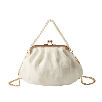 2024 NEW RETRO FAIRY SOLID COLOR SMALL BAG WHITE HAND PEARL BAG WOMEN'S NET YARN INS SIMPLE CROSSBODY BAG