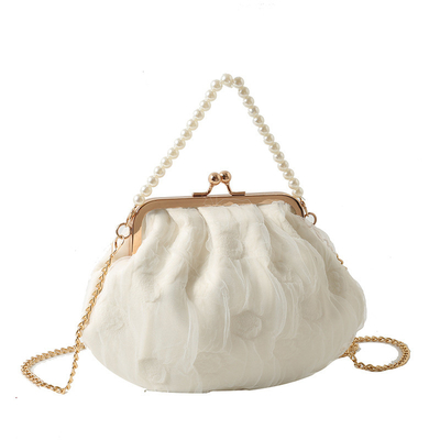 2024 NEW RETRO FAIRY SOLID COLOR SMALL BAG WHITE HAND PEARL BAG WOMEN'S NET YARN INS SIMPLE CROSSBODY BAG
