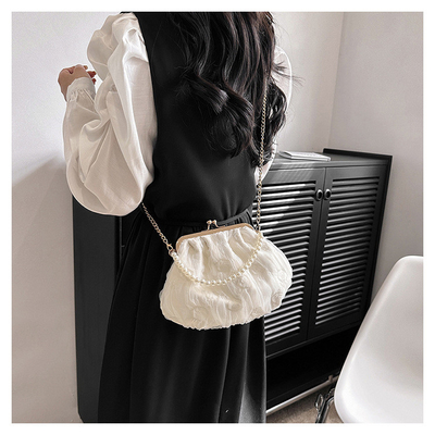 2024 NEW RETRO FAIRY SOLID COLOR SMALL BAG WHITE HAND PEARL BAG WOMEN'S NET YARN INS SIMPLE CROSSBODY BAG