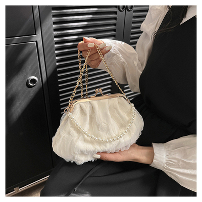 2024 NEW RETRO FAIRY SOLID COLOR SMALL BAG WHITE HAND PEARL BAG WOMEN'S NET YARN INS SIMPLE CROSSBODY BAG