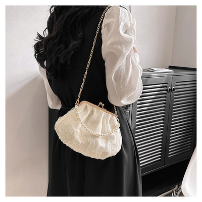 2024 NEW RETRO FAIRY SOLID COLOR SMALL BAG WHITE HAND PEARL BAG WOMEN'S NET YARN INS SIMPLE CROSSBODY BAG