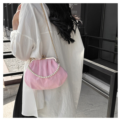 2024 NEW RETRO FAIRY SOLID COLOR SMALL BAG WHITE HAND PEARL BAG WOMEN'S NET YARN INS SIMPLE CROSSBODY BAG