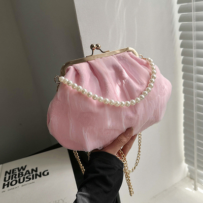 2024 NEW RETRO FAIRY SOLID COLOR SMALL BAG WHITE HAND PEARL BAG WOMEN'S NET YARN INS SIMPLE CROSSBODY BAG