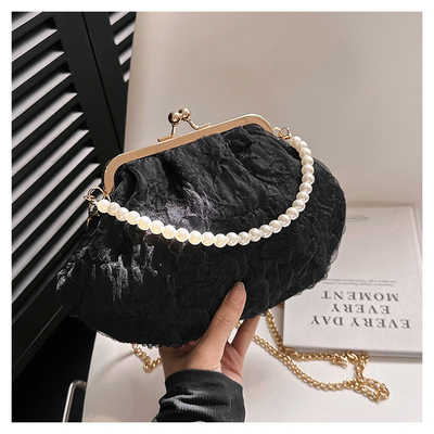 2024 NEW RETRO FAIRY SOLID COLOR SMALL BAG WHITE HAND PEARL BAG WOMEN'S NET YARN INS SIMPLE CROSSBODY BAG