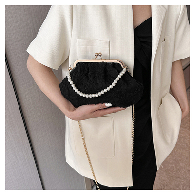 2024 NEW RETRO FAIRY SOLID COLOR SMALL BAG WHITE HAND PEARL BAG WOMEN'S NET YARN INS SIMPLE CROSSBODY BAG