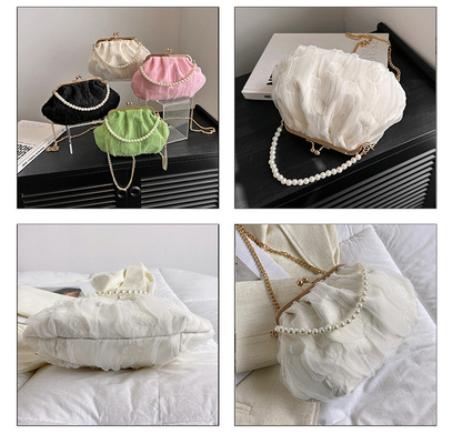 2024 NEW RETRO FAIRY SOLID COLOR SMALL BAG WHITE HAND PEARL BAG WOMEN'S NET YARN INS SIMPLE CROSSBODY BAG