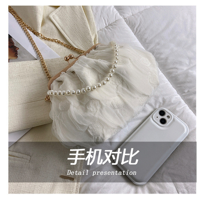 2024 NEW RETRO FAIRY SOLID COLOR SMALL BAG WHITE HAND PEARL BAG WOMEN'S NET YARN INS SIMPLE CROSSBODY BAG