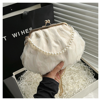 2024 NEW RETRO FAIRY SOLID COLOR SMALL BAG WHITE HAND PEARL BAG WOMEN'S NET YARN INS SIMPLE CROSSBODY BAG
