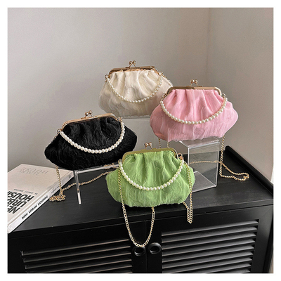 2024 NEW RETRO FAIRY SOLID COLOR SMALL BAG WHITE HAND PEARL BAG WOMEN'S NET YARN INS SIMPLE CROSSBODY BAG