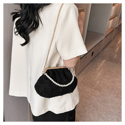 2024 NEW RETRO FAIRY SOLID COLOR SMALL BAG WHITE HAND PEARL BAG WOMEN'S NET YARN INS SIMPLE CROSSBODY BAG