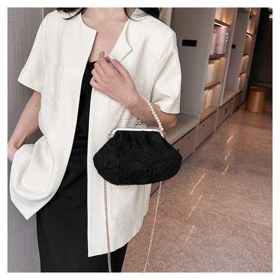 2024 NEW RETRO FAIRY SOLID COLOR SMALL BAG WHITE HAND PEARL BAG WOMEN'S NET YARN INS SIMPLE CROSSBODY BAG