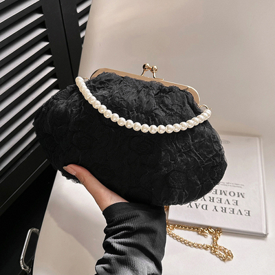 2024 NEW RETRO FAIRY SOLID COLOR SMALL BAG WHITE HAND PEARL BAG WOMEN'S NET YARN INS SIMPLE CROSSBODY BAG