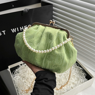 2024 NEW RETRO FAIRY SOLID COLOR SMALL BAG WHITE HAND PEARL BAG WOMEN'S NET YARN INS SIMPLE CROSSBODY BAG