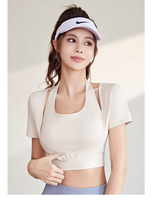 NEW QUICK-DRYING PEACH HALTER TOP YOGA SHORT SLEEVE SHORT SLEEVE WITH CHEST PAD TIGHT FITNESS T-SHIRT SPORTS SHORT SLEEV