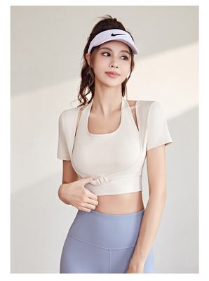 NEW QUICK-DRYING PEACH HALTER TOP YOGA SHORT SLEEVE SHORT SLEEVE WITH CHEST PAD TIGHT FITNESS T-SHIRT SPORTS SHORT SLEEV