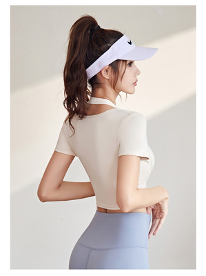 NEW QUICK-DRYING PEACH HALTER TOP YOGA SHORT SLEEVE SHORT SLEEVE WITH CHEST PAD TIGHT FITNESS T-SHIRT SPORTS SHORT SLEEV