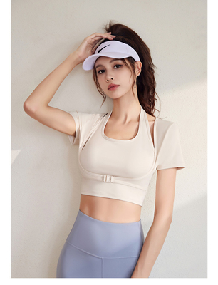 NEW QUICK-DRYING PEACH HALTER TOP YOGA SHORT SLEEVE SHORT SLEEVE WITH CHEST PAD TIGHT FITNESS T-SHIRT SPORTS SHORT SLEEV