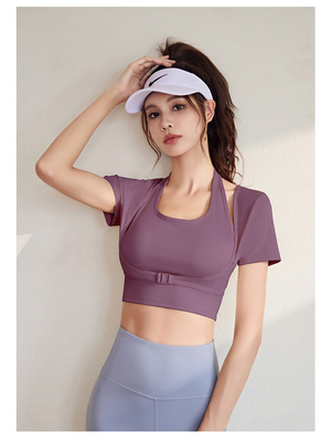 NEW QUICK-DRYING PEACH HALTER TOP YOGA SHORT SLEEVE SHORT SLEEVE WITH CHEST PAD TIGHT FITNESS T-SHIRT SPORTS SHORT SLEEV