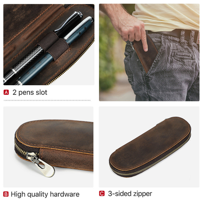 CROSS-BORDER RETRO CRAZY HORSE LEATHER PEN BAG HANDMADE 2 OVAL ZIPPER PORTABLE PEN CASES