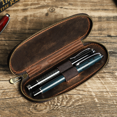 CROSS-BORDER RETRO CRAZY HORSE LEATHER PEN BAG HANDMADE 2 OVAL ZIPPER PORTABLE PEN CASES