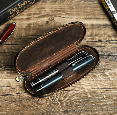 CROSS-BORDER RETRO CRAZY HORSE LEATHER PEN BAG HANDMADE 2 OVAL ZIPPER PORTABLE PEN CASES