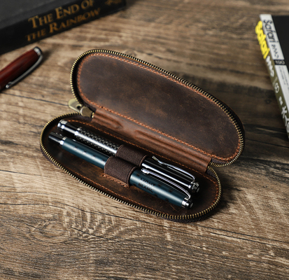 CROSS-BORDER RETRO CRAZY HORSE LEATHER PEN BAG HANDMADE 2 OVAL ZIPPER PORTABLE PEN CASES
