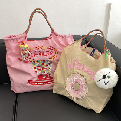 EMBROIDERED REUSABLE BAG SHOPPING BAG NYLON HAND BILL SHOULDER CROSSBODY BAG FOR WOMEN