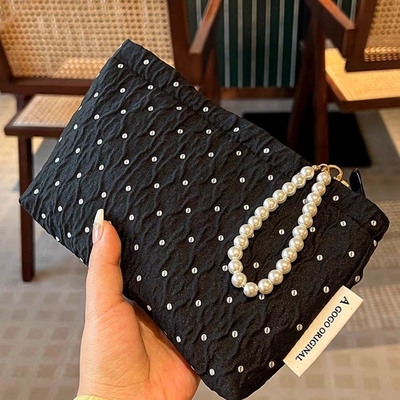 POLKA DOT BLACK MAKEUP BAG SWEET SKINCARE STORAGE BAG CARRYING PORTABLE COIN PURSE TRAVEL WASH