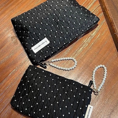 POLKA DOT BLACK MAKEUP BAG SWEET SKINCARE STORAGE BAG CARRYING PORTABLE COIN PURSE TRAVEL WASH