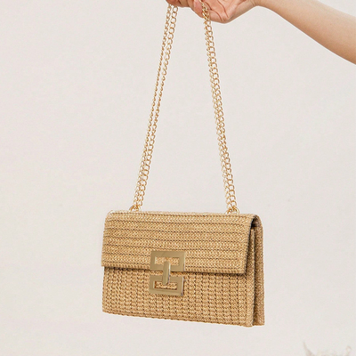 NEW HOLIDAY WIND MULTI-LAYER CHAIN CLAMSHELL LOCK STRAW BAG SHOULDER BAG CROSS-BORDER WOMEN'S BAG