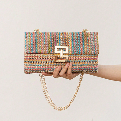 NEW HOLIDAY WIND MULTI-LAYER CHAIN CLAMSHELL LOCK STRAW BAG SHOULDER BAG CROSS-BORDER WOMEN'S BAG