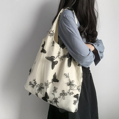 EMBROIDERY BLACK BUTTERFLY CANVAS BAG LACE FAIRY LEISURE TRAVEL FEMALE BAG ART LARGE CAPACITY HUNDRED