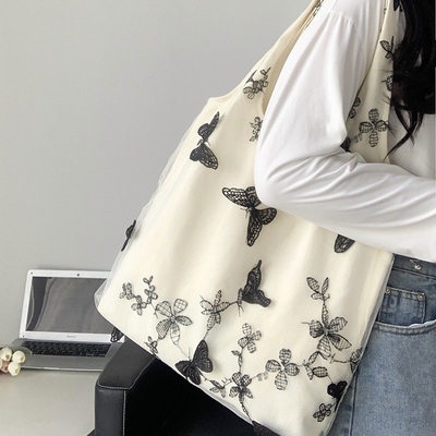 EMBROIDERY BLACK BUTTERFLY CANVAS BAG LACE FAIRY LEISURE TRAVEL FEMALE BAG ART LARGE CAPACITY HUNDRED
