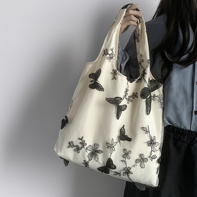 EMBROIDERY BLACK BUTTERFLY CANVAS BAG LACE FAIRY LEISURE TRAVEL FEMALE BAG ART LARGE CAPACITY HUNDRED