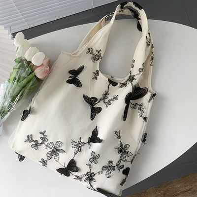 EMBROIDERY BLACK BUTTERFLY CANVAS BAG LACE FAIRY LEISURE TRAVEL FEMALE BAG ART LARGE CAPACITY HUNDRED