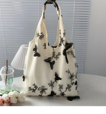 EMBROIDERY BLACK BUTTERFLY CANVAS BAG LACE FAIRY LEISURE TRAVEL FEMALE BAG ART LARGE CAPACITY HUNDRED