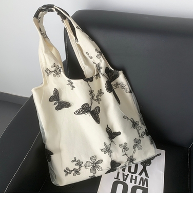 EMBROIDERY BLACK BUTTERFLY CANVAS BAG LACE FAIRY LEISURE TRAVEL FEMALE BAG ART LARGE CAPACITY HUNDRED