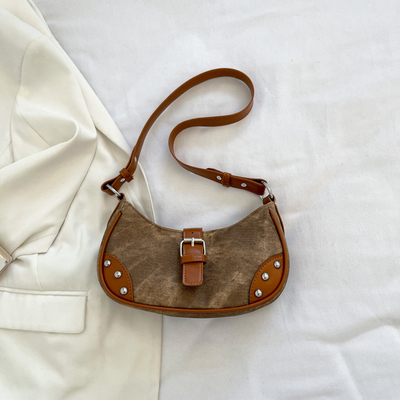 FRENCH FASHION CASUAL UNDERARM BAG WOMEN 2024 NEW TEXTURE BAGUETTE BAG SIMPLE COLOR PATCHWORK SHOULDER BAG TIDE