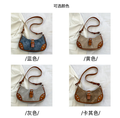 FRENCH FASHION CASUAL UNDERARM BAG WOMEN 2024 NEW TEXTURE BAGUETTE BAG SIMPLE COLOR PATCHWORK SHOULDER BAG TIDE