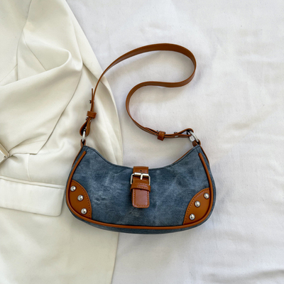 FRENCH FASHION CASUAL UNDERARM BAG WOMEN 2024 NEW TEXTURE BAGUETTE BAG SIMPLE COLOR PATCHWORK SHOULDER BAG TIDE