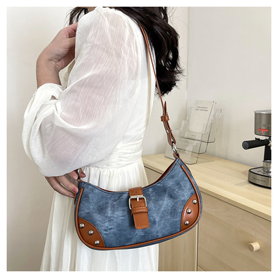 FRENCH FASHION CASUAL UNDERARM BAG WOMEN 2024 NEW TEXTURE BAGUETTE BAG SIMPLE COLOR PATCHWORK SHOULDER BAG TIDE