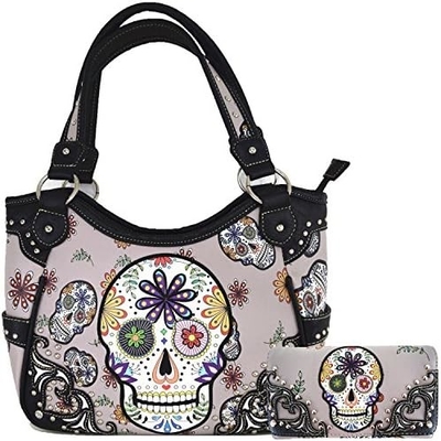 PUNK GOTHIC ROCK METALLIC SKULL DAY OF THE DEAD FLORAL SUGAR SKULL LEATHER PURSE WOMEN HANDBAG SHOULDER BAG WALLET SET